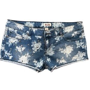 Mudd Blue Floral Denim Shorts with Stud Accents